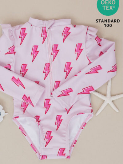 Long Sleeve Rash Guard Swimsuit | Pink Bolts