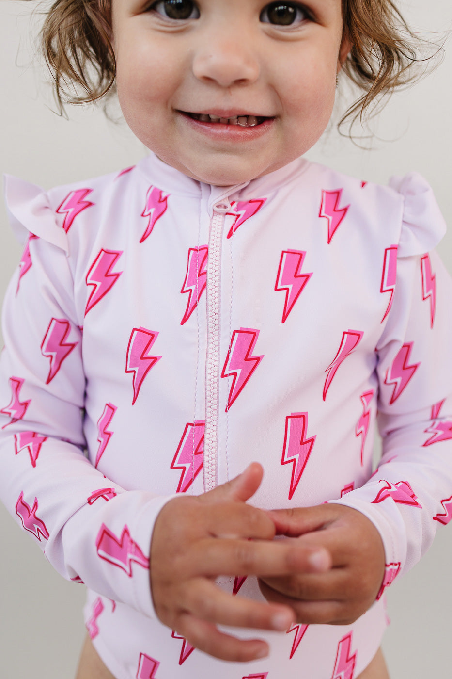 Long Sleeve Rash Guard Swimsuit | Pink Bolts - Image 2