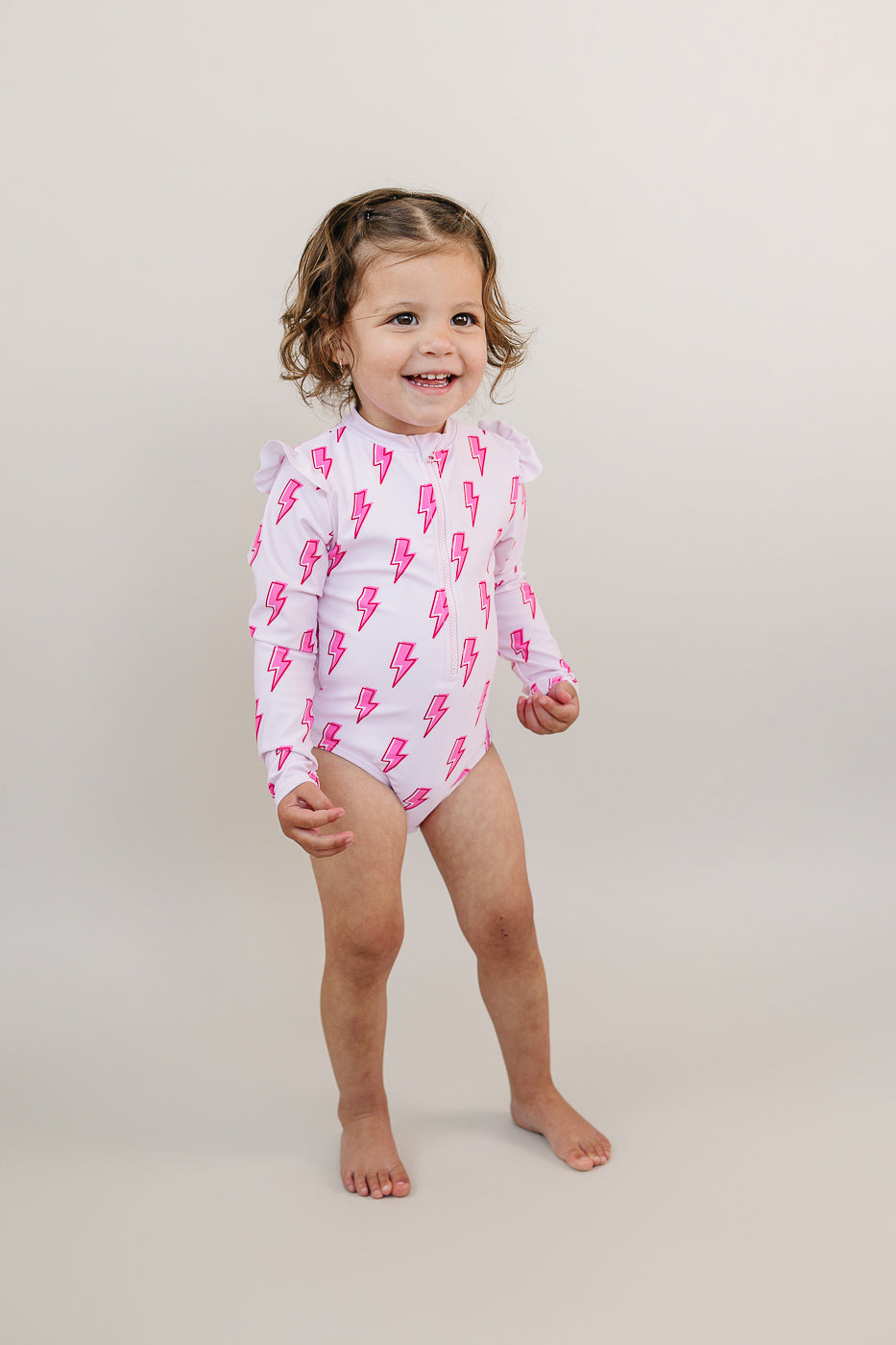 Long Sleeve Rash Guard Swimsuit | Pink Bolts - Image 3