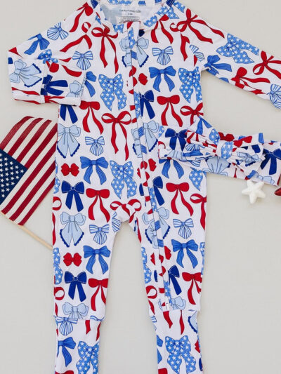 Bamboo Zip Romper | Red-White & Bows