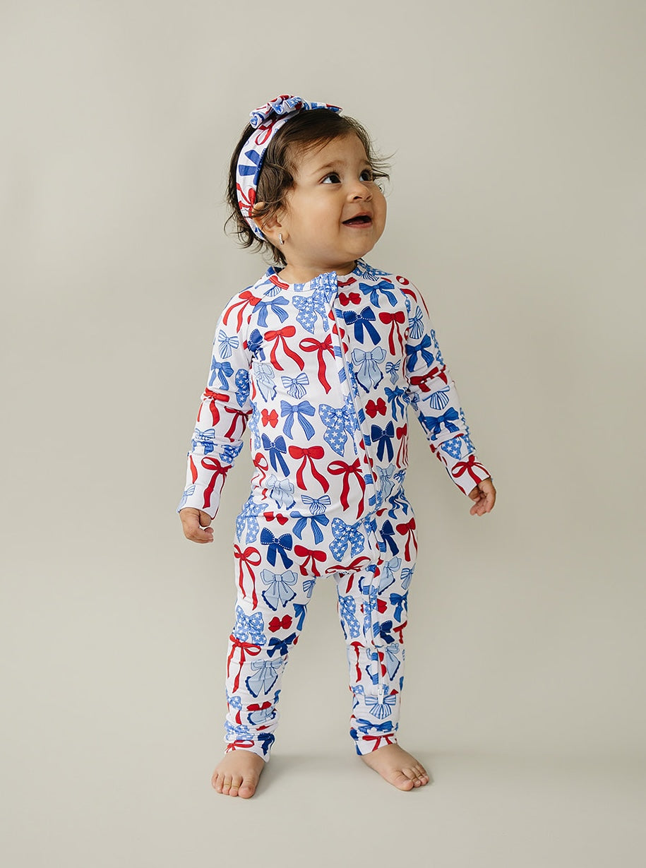Bamboo Zip Romper | Red-White & Bows - Image 2